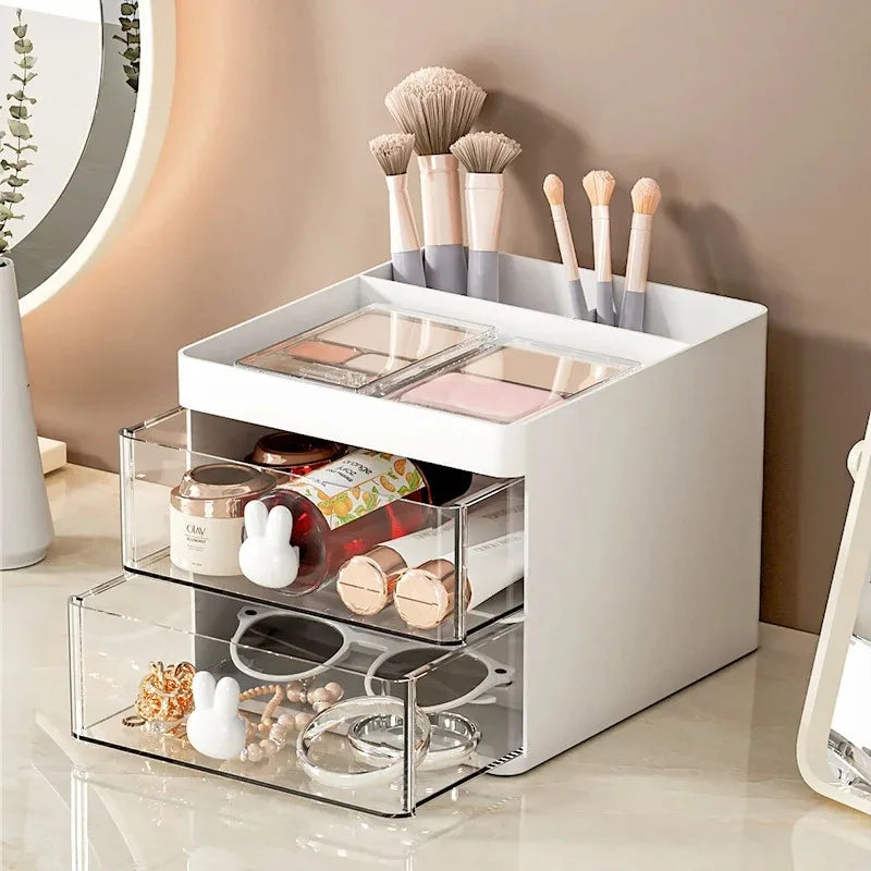 Premium white makeup organizer with transparent drawers on vanity
