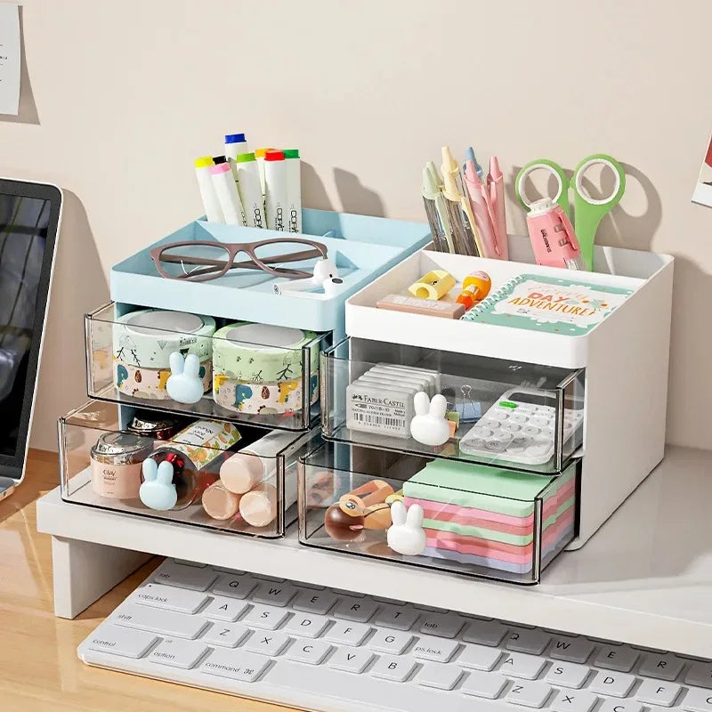 Premium white makeup organizer with transparent drawers on vanity
